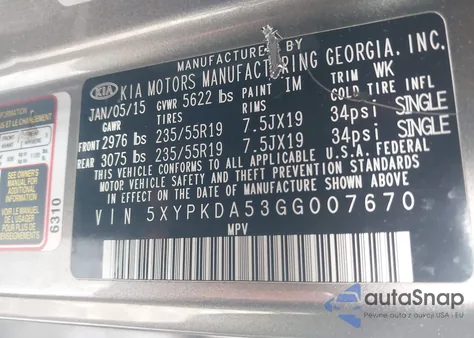 2016 Kia Sorento 3.3L Sxl from USA, damaged, VIN 5XYPKDA53GG007670